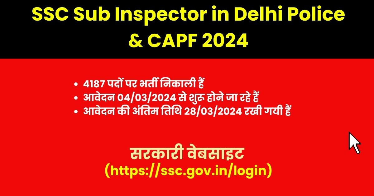 SSC Sub Inspector in Delhi Police & CAPF 2024 : कर्मचारी चयन आयोग ने 4187 पदों पर निकाली भर्ती